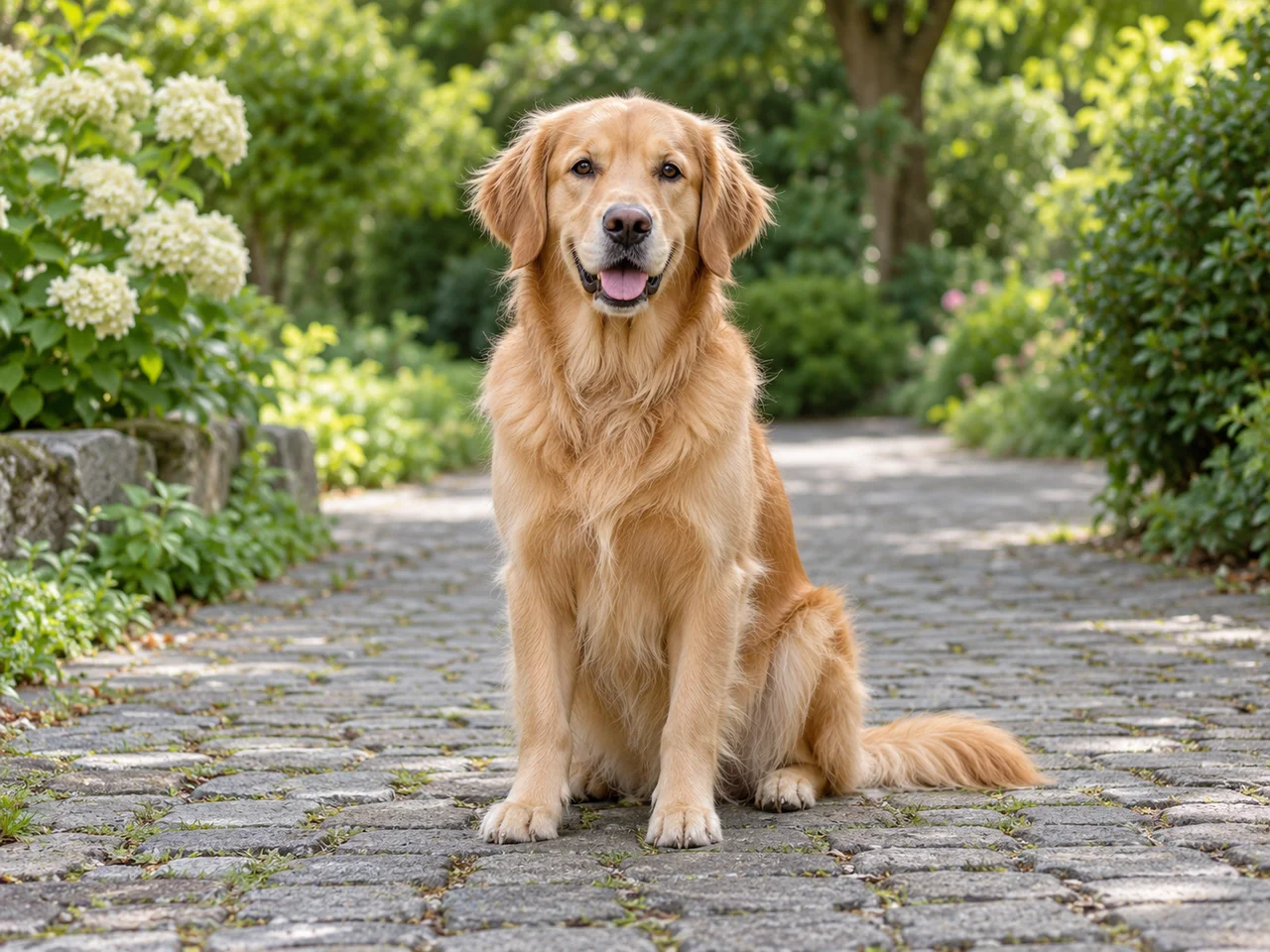 Golden Retriever vor einem Gartenhintergrund
