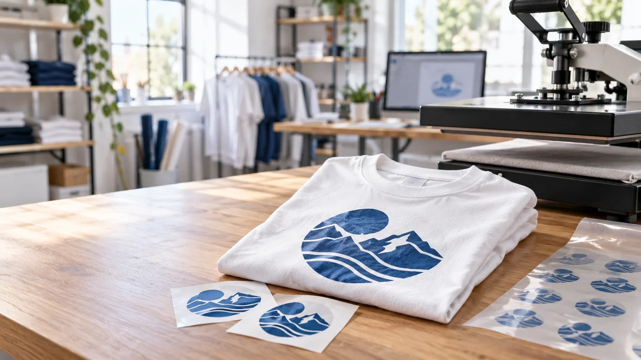 Helles Textildruckstudio mit bedrucktem Shirt, Stickern und Transferfolie