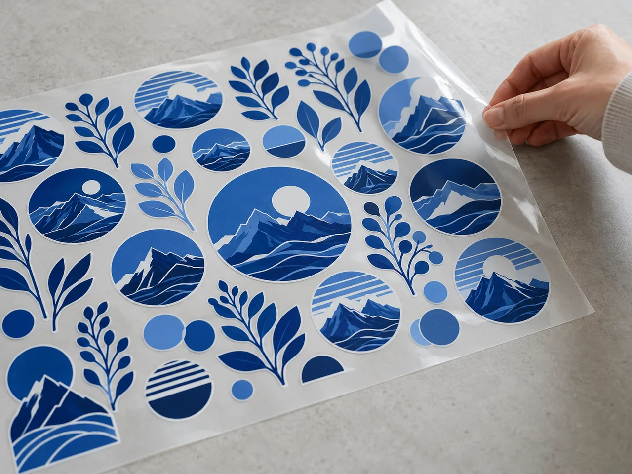 Transferfolie mit unterschiedlich großen blauen Druckmotiven