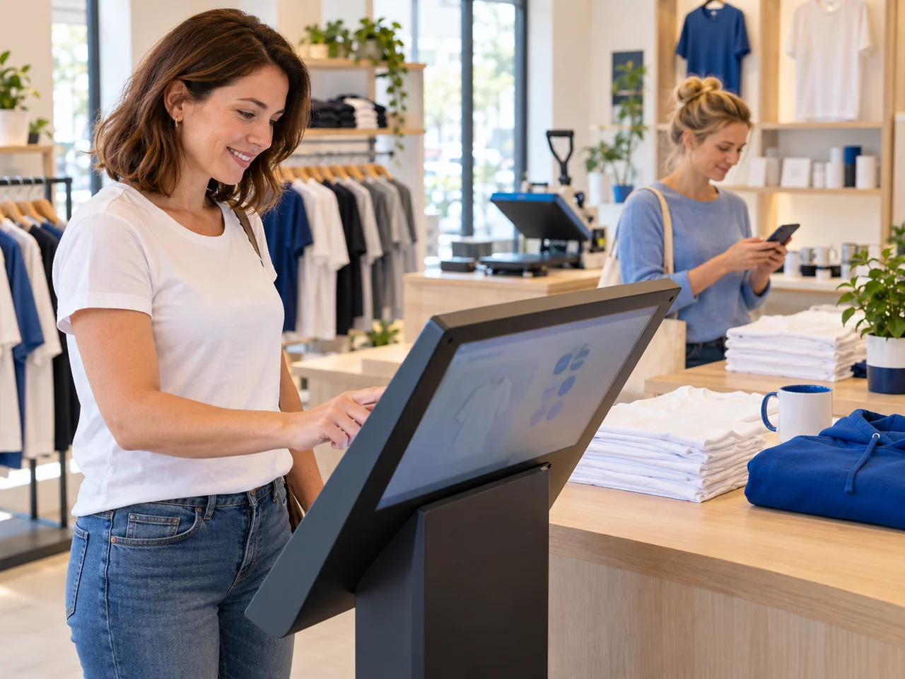 Kundinnen nutzen Touchterminal und Smartphone in einem Textildruckgeschäft