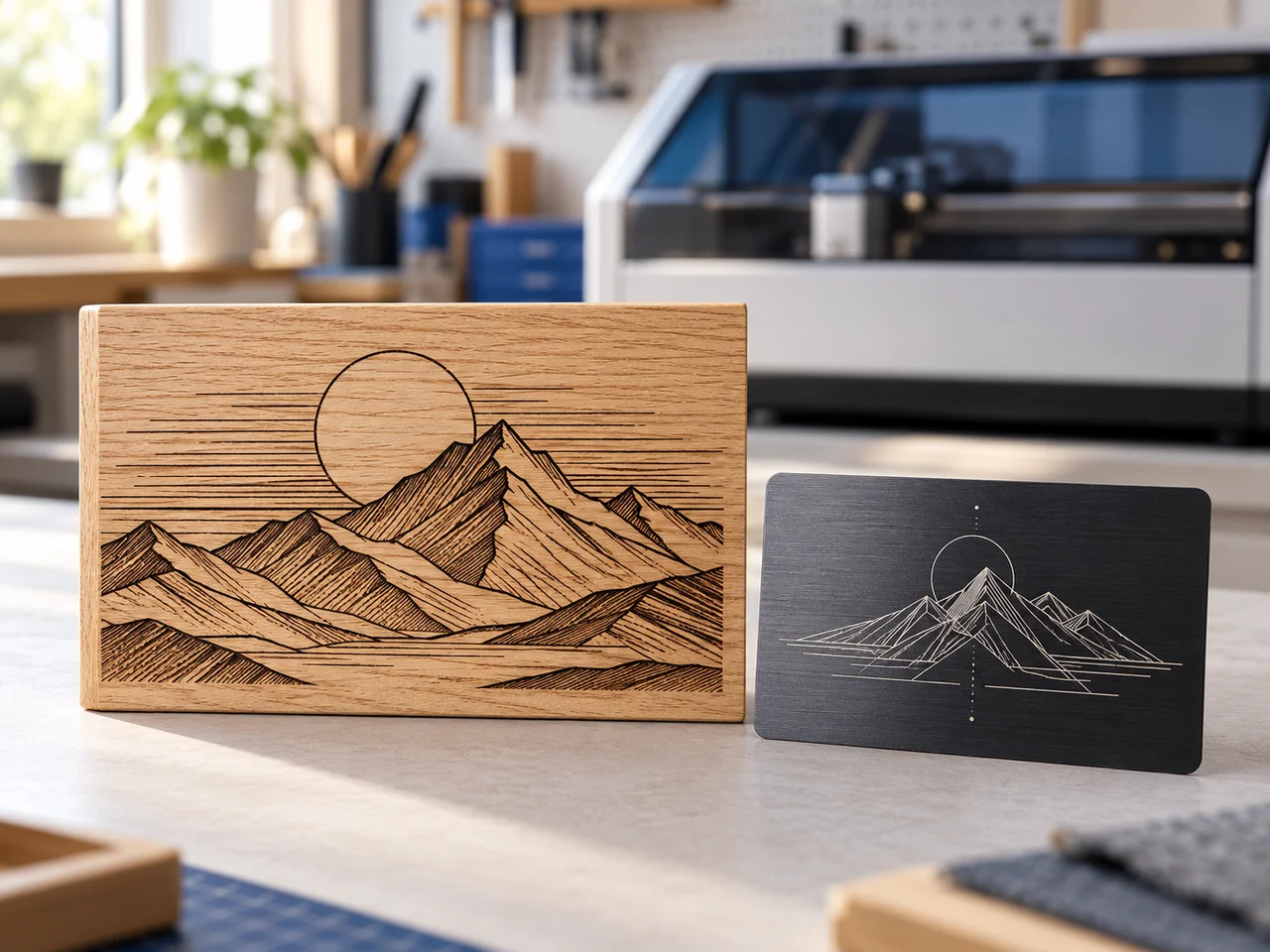 Gravierte Bergmotive auf Holz und dunklem Metall