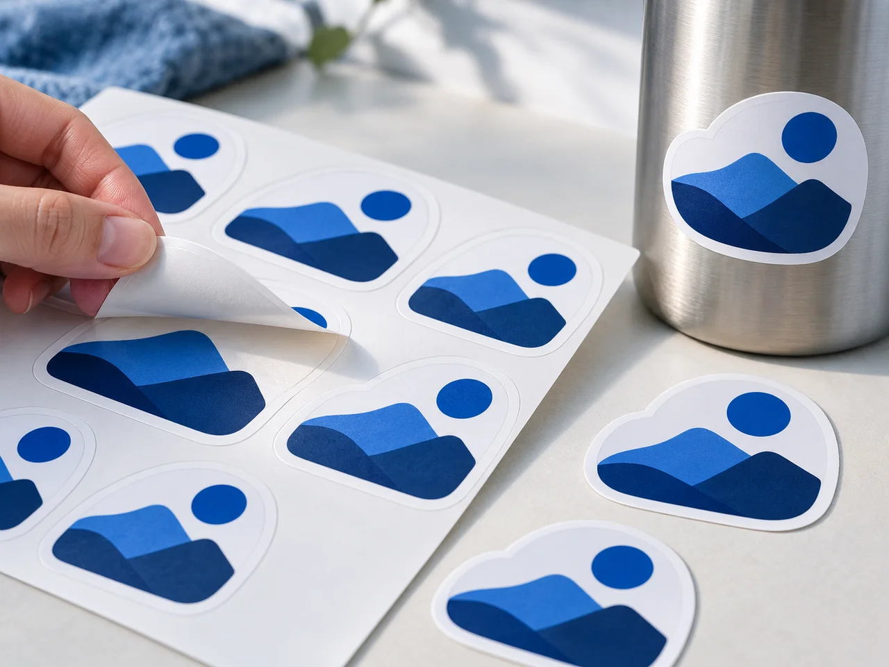 Konturgeschnittene blaue Sticker auf einem Bogen und einer Trinkflasche