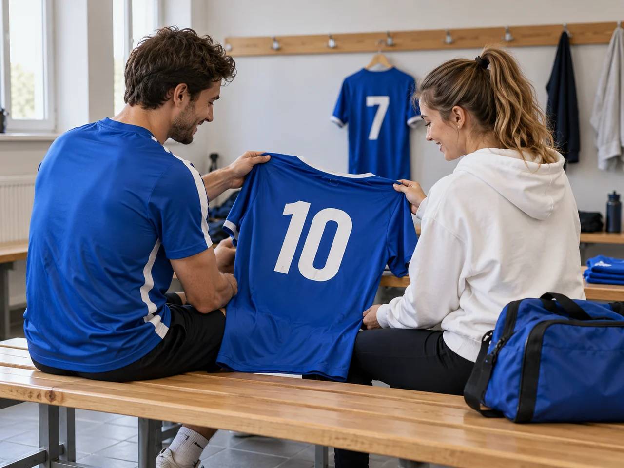 Zwei erwachsene Vereinsmitglieder betrachten ein blaues Trikot mit Rückennummer